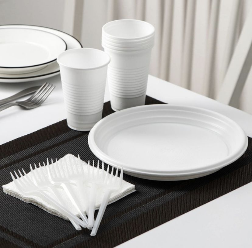 Набор одноразовой посуды "Летний №1", на 6 персон, цвет белый (Тарелки плоские/Стаканчики 200 мл/Вилки #1