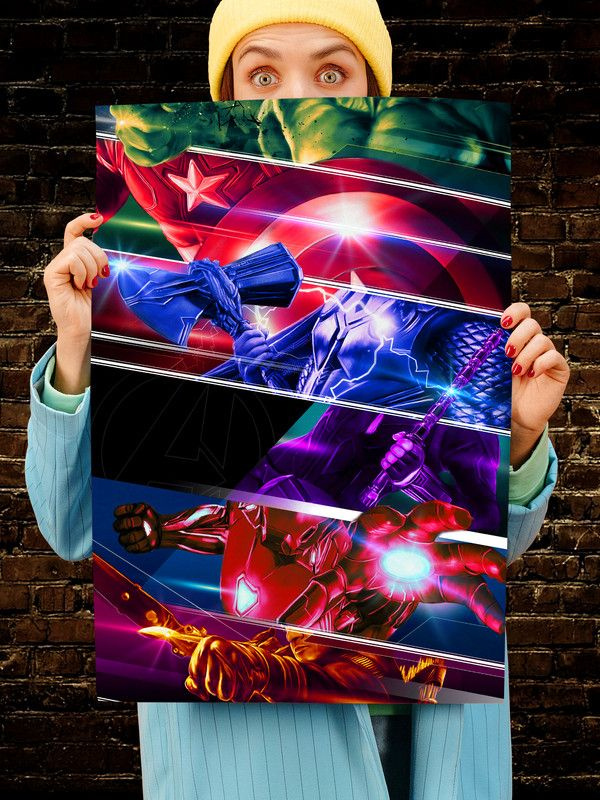 Постер интерьерный Мстители 3, 70х46 см. Матовый яркий. The Avengers Все вместе Железный человек Тони #1