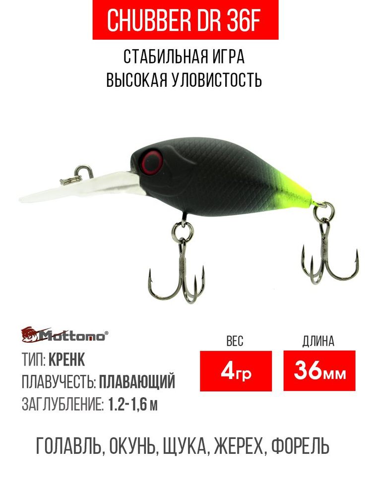 Воблер для рыбалки Mottomo Chubber DR 36F 4g Black Lime крэнк плавающий для спиннинга. Приманка на голавля, #1