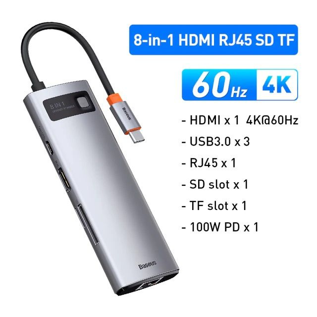 Хаб USB-концентратор Baseus 4K@60Hz 8-in-1 STARJOY 8-PORT TYPE-C HUB ADAPTER Gray (WKWG080113)  #1