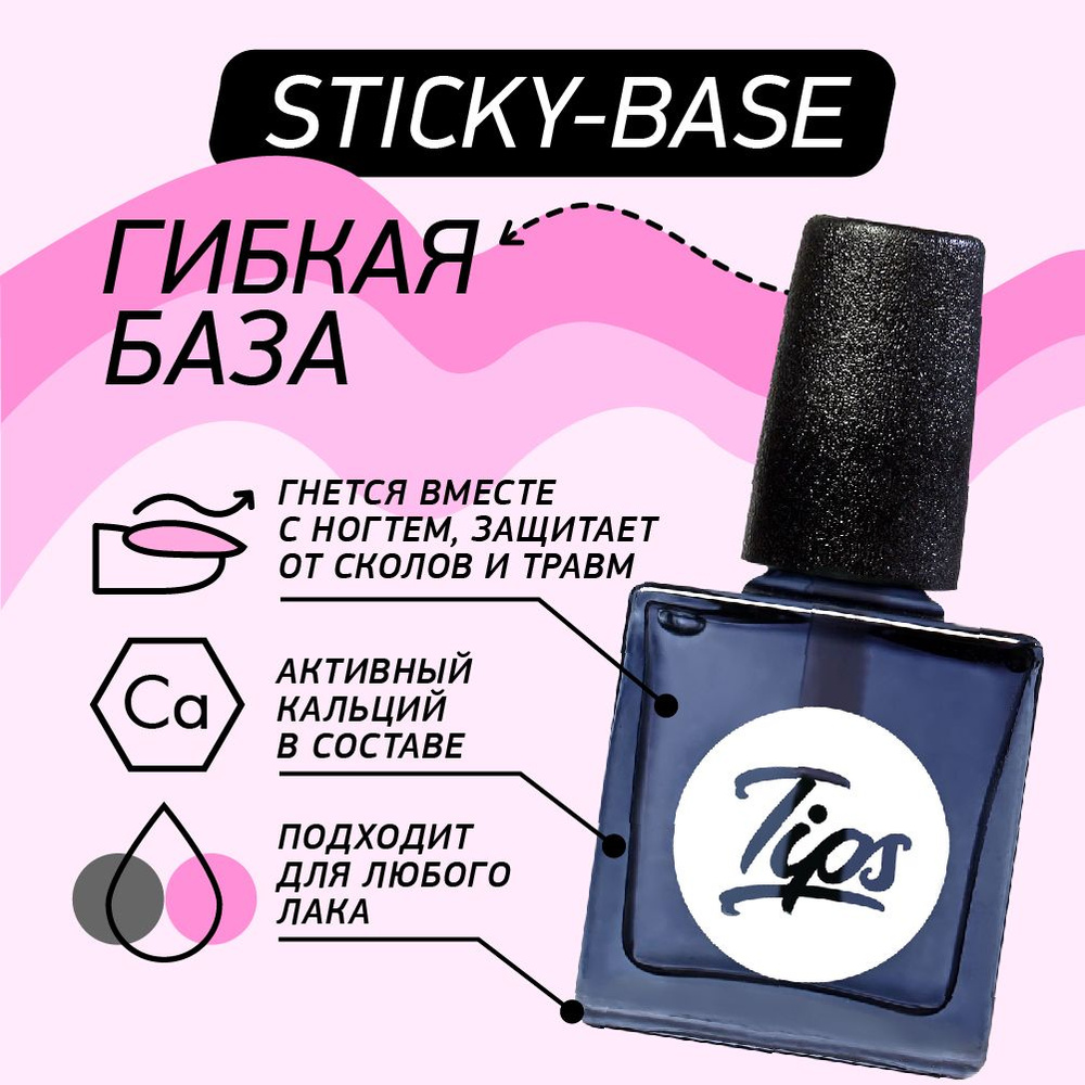 Tips Sticky Base база для ногтей прозрачная, профессиональная,  универсальная для маникюра и педикюра / базовая бесцветная основа под лак  для рук и ног ...