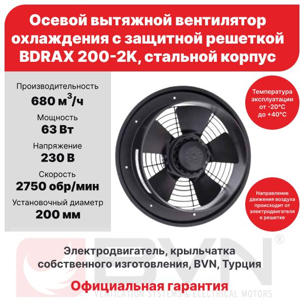 Осевой вытяжной вентилятор охлаждения BDRAX 200-2K с защитной решеткой, 680 м3/час, 230 В, мощность 63 #1