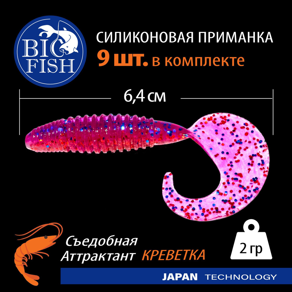 Набор силиконовых приманок для рыбалки Твистер Джиг Микроджиг 9 шт (64 мм) DB22 Puple-Blue Glitter/Red #1