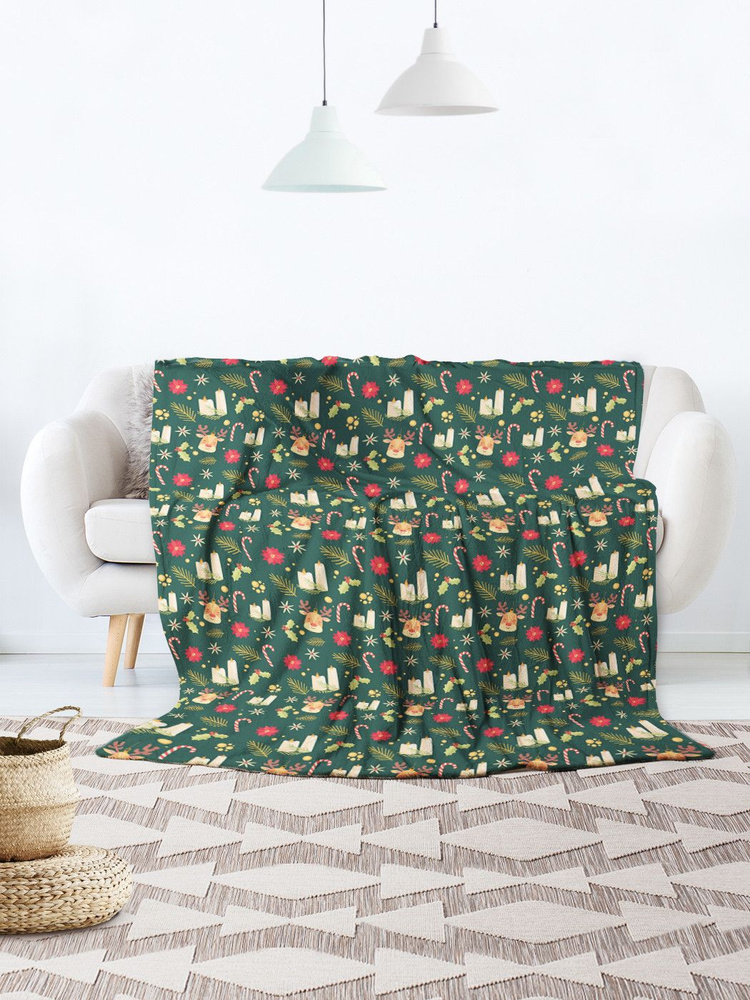 Плед покрывало для дивана пикника на кровать "Рождественские свечи", велсофт, 150x200 см  #1