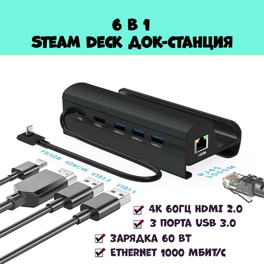 Док-станция для Steam Deck/OLED подставка - зарядное устройство 6 в 1  черная, металлическая 4К 60ГЦ+LAN - купить по выгодной цене в  интернет-магазине OZON (901630604)