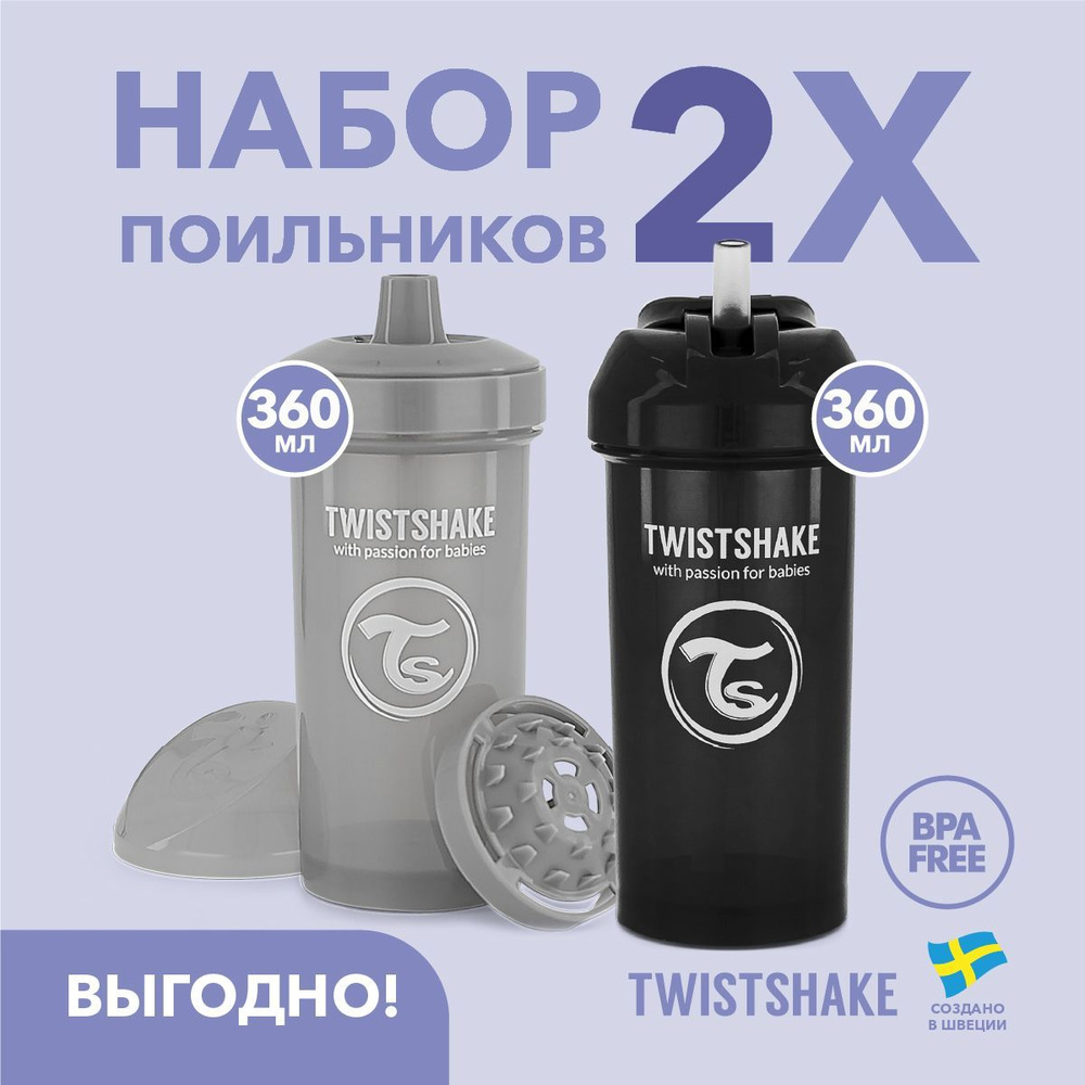 Набор поильников Twistshake для детей, Straw Cup 360 мл и Kid Cup 360 мл, 2 шт., чёрно-серый  #1