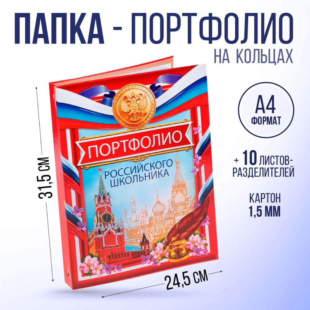 Папка на кольцах а4 "Портфолио российского школьника", 10 листов-разделителей  #1