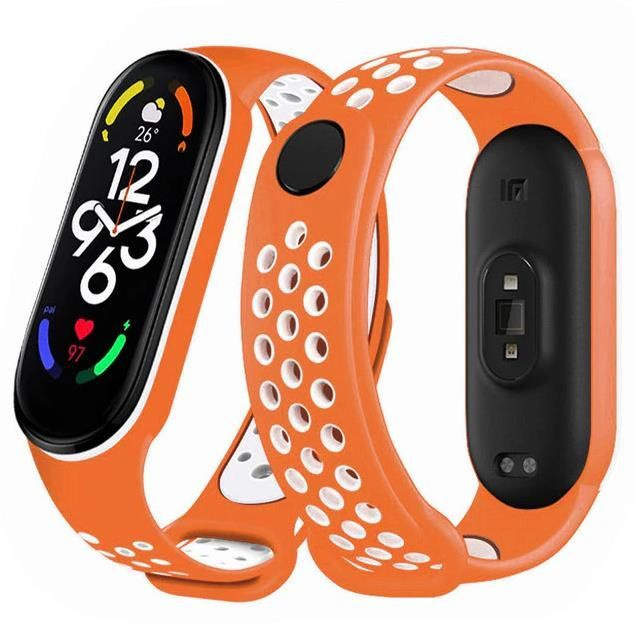 Силиконовый ремешок для фитнес браслета Xiaomi Mi Band 5/6 и Mi Band 7 , оранжевый с белыми отверстиями #1