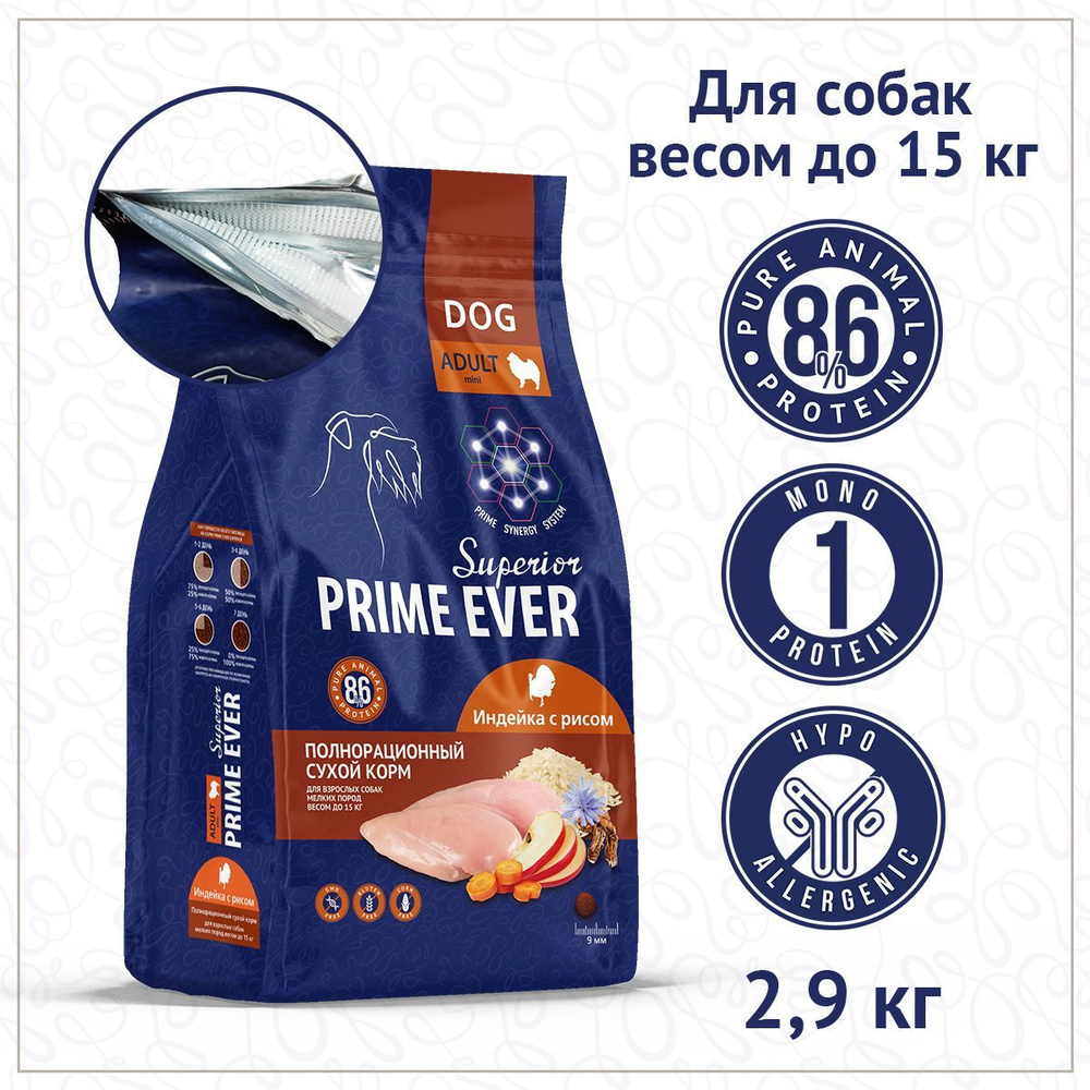 Сухой корм для собак мелких пород весом до 15 кг Prime Ever Superior Adult Mini индейка с рисом, 2,9 #1