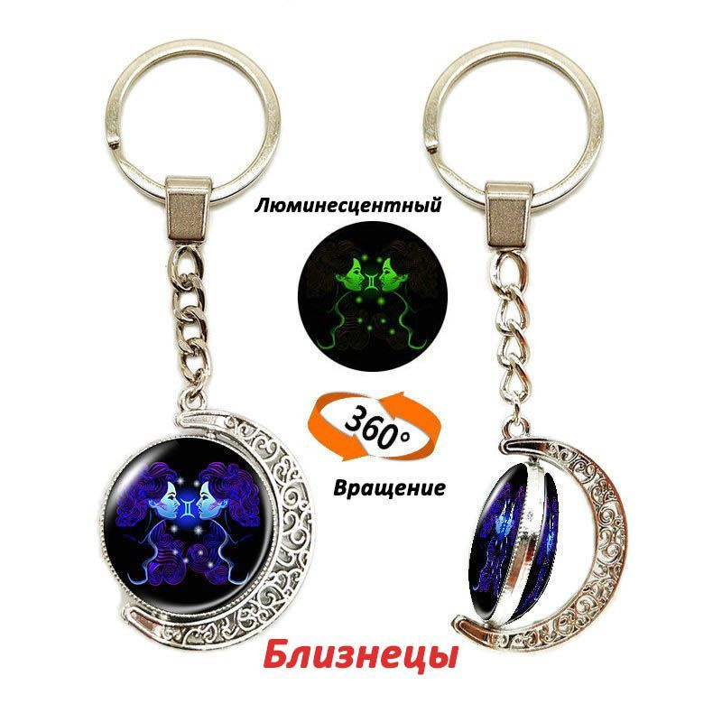 Брелок для ключей / Брелок для сумки знак зодиака близнецы 360 синий в серебристой оправе  #1