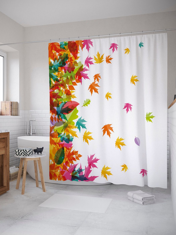Штора для ванной, занавеска в ванную комнату тканевая "Разноцветный листопад" JoyArty  #1