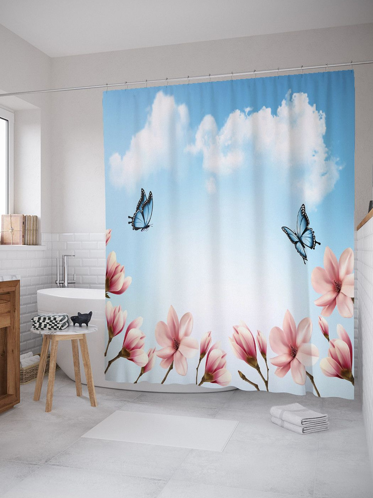 Штора для ванной, занавеска в ванную комнату тканевая "Бабочки над цветами" JoyArty  #1