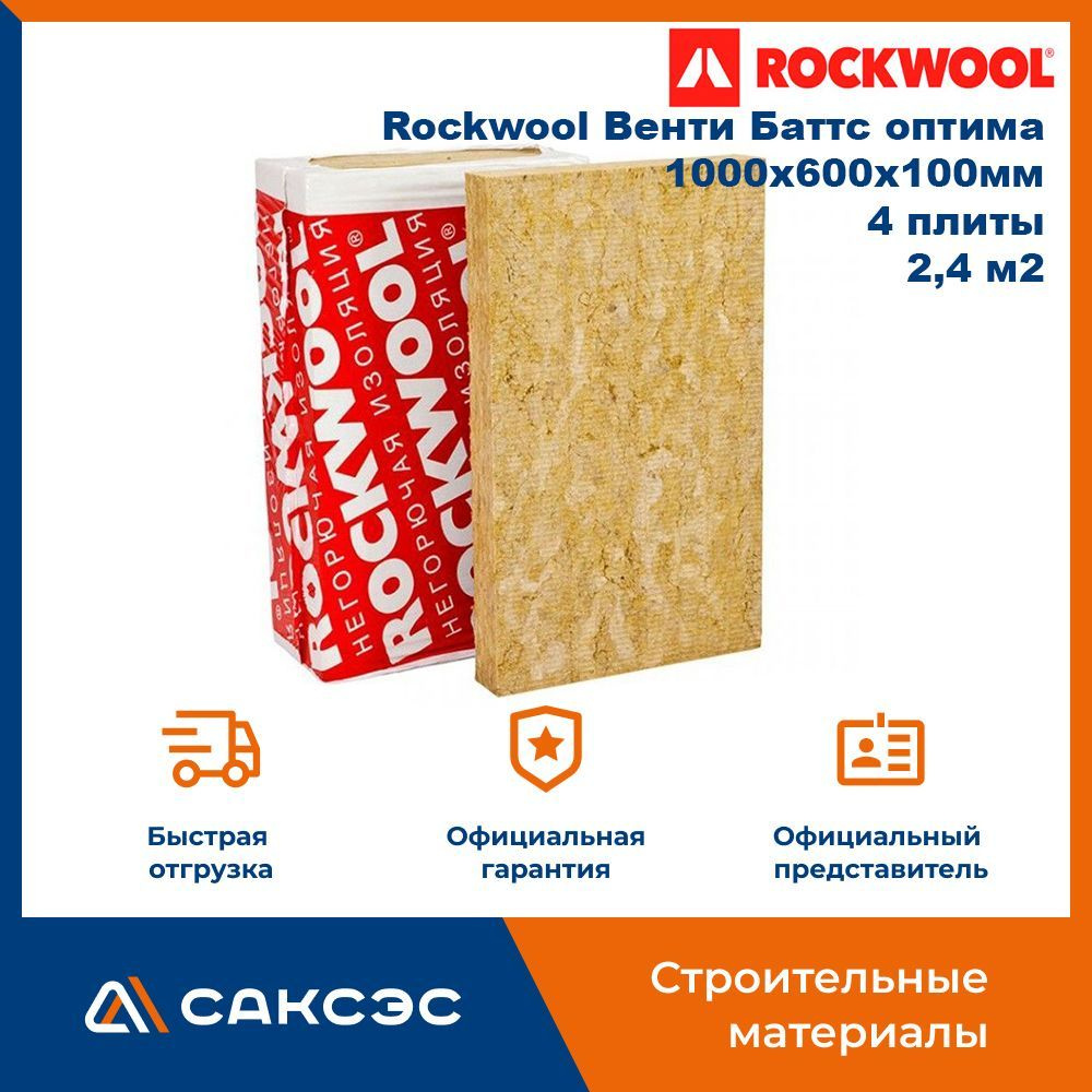 Утеплитель Rockwool Венти Баттс оптима, 1000х600х100мм, 4 плиты, 2,4 м2  #1