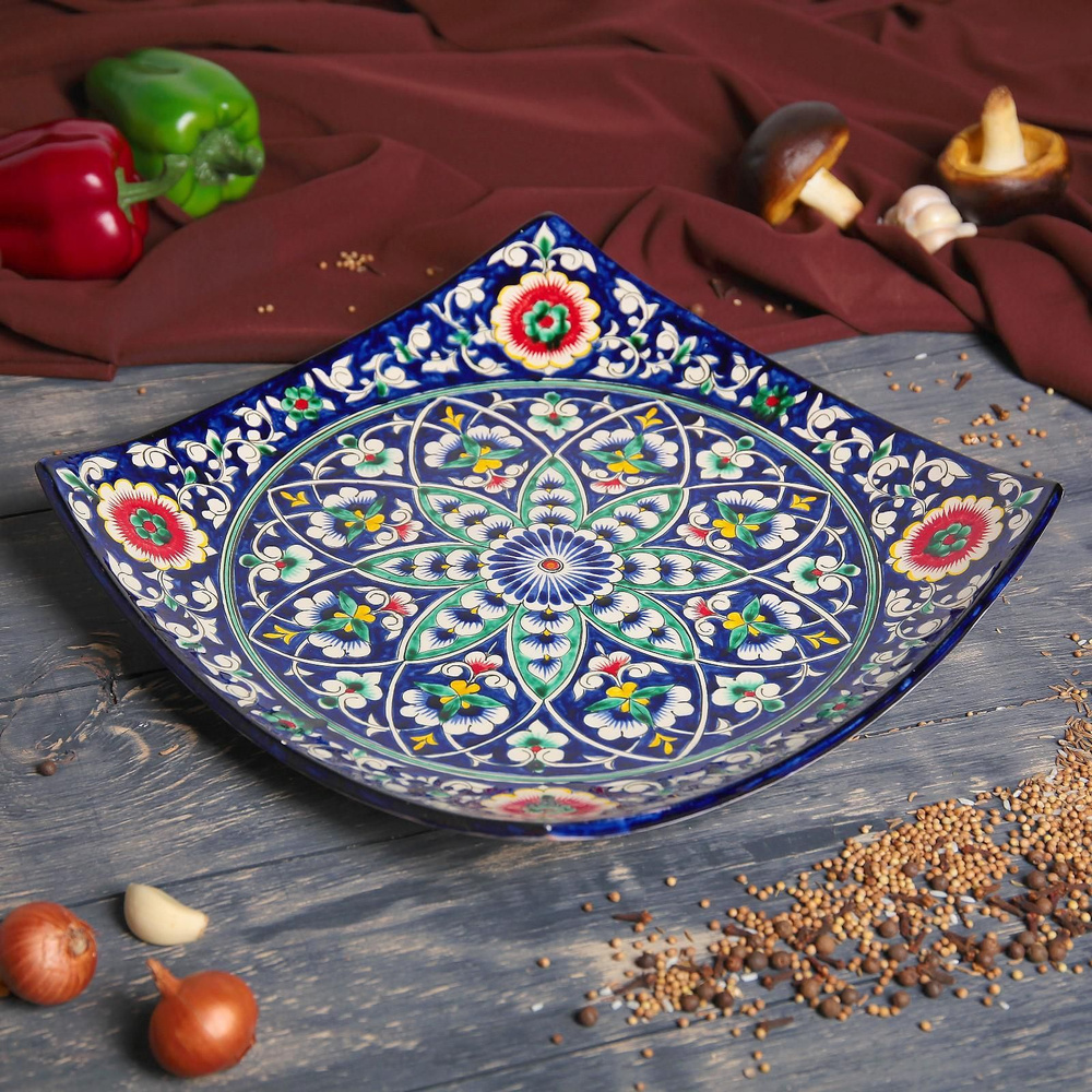 Блюдо Ляган Риштанская Керамика, диаметр 31 см, квадратный, цвет синий  #1