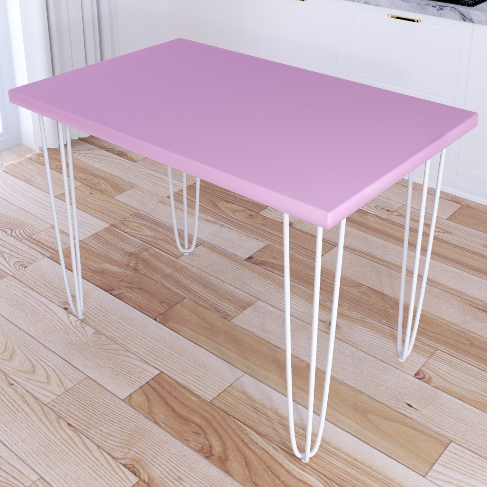 Стол кухонный Loft со столешницей розового цвета из массива сосны 40 мм на белых металлических ножках-шпильках, #1