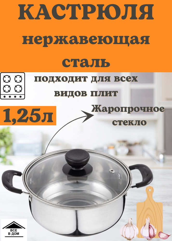 Кастрюля из кухонной нержавеющей стали со стеклянной крышкой 1,25л Скрап Promo 104613  #1