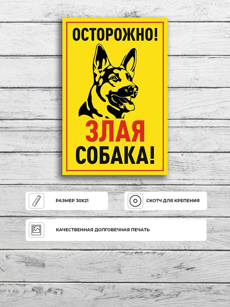 Табличка "Осторожно злая собака" (желтая) А4 (30х21см) #1