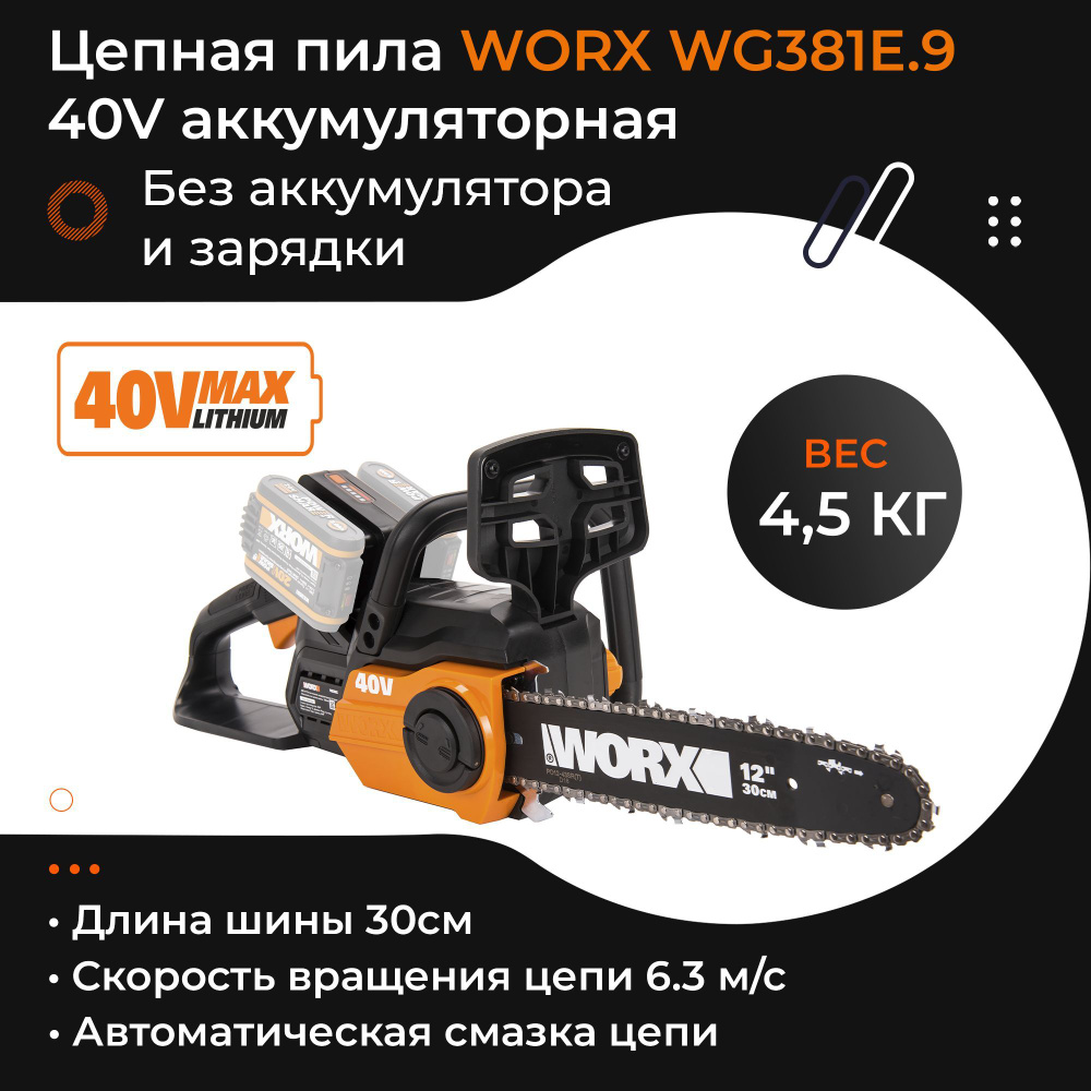 Пила цепная WORX WG381E.9 40V Li cordless ChainSaw 30 см аккумуляторная ...
