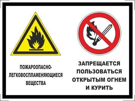 Табличка "Пожароопасно-легковоспламеняющиеся вещества, запрещается пользоваться открытым огнем и курить!" #1