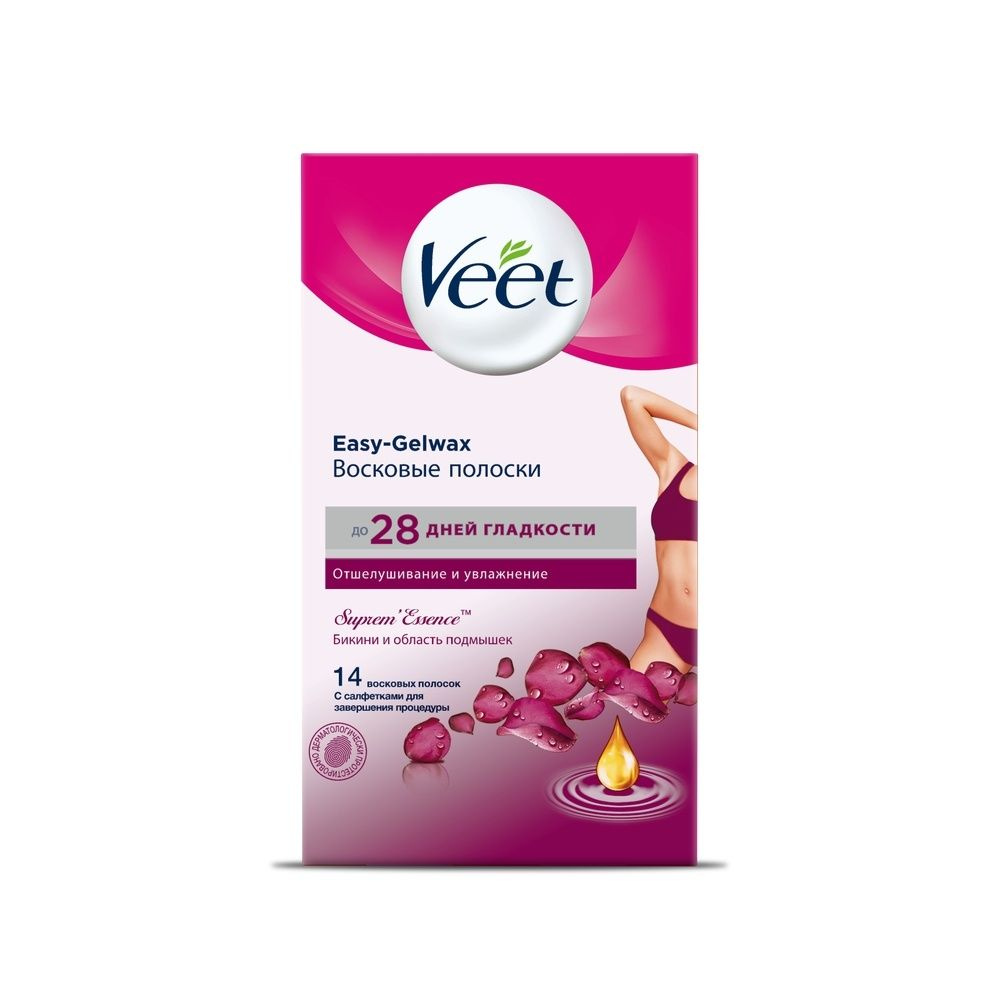 Восковые полоски Veet Easy gel, для чувствительных участков тела, бикини, с ароматом бархатной розы и #1