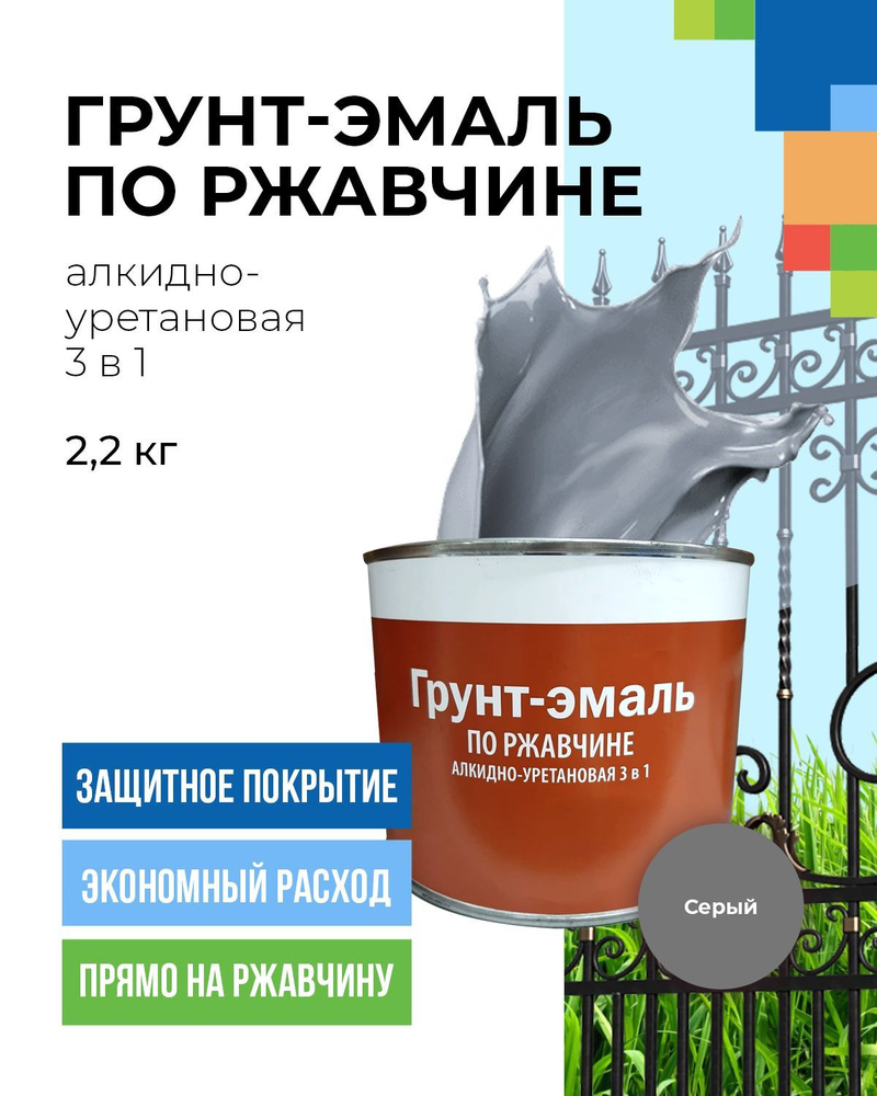 Грунт-эмаль по ржавчине высокопрочная, алкидно-уретановая краска по металлу серая 2.2кг  #1