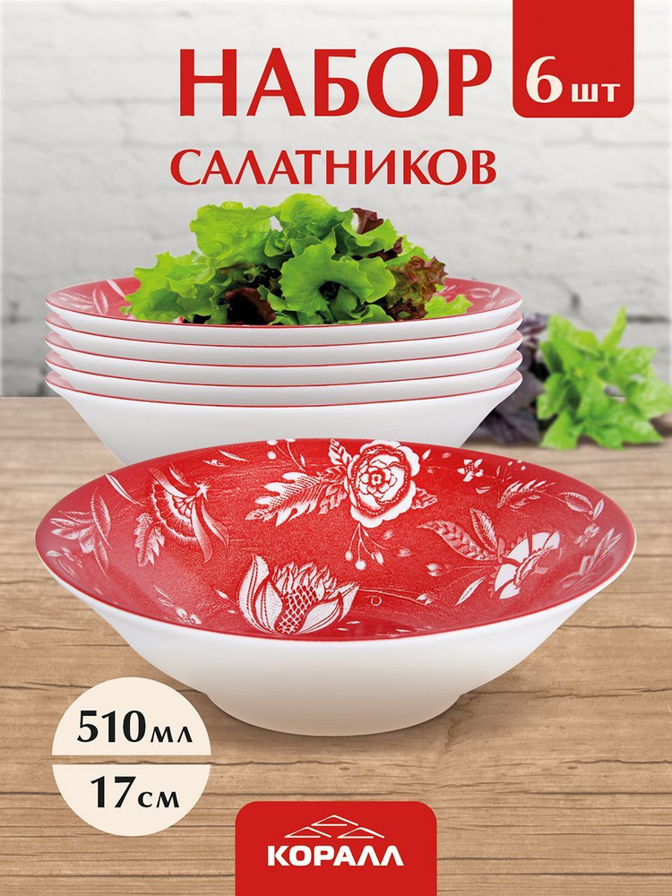 Набор салатников 6шт 510мл/17см "Тюльпаны красный" фарфор, тарелки для супа миска салатник  #1