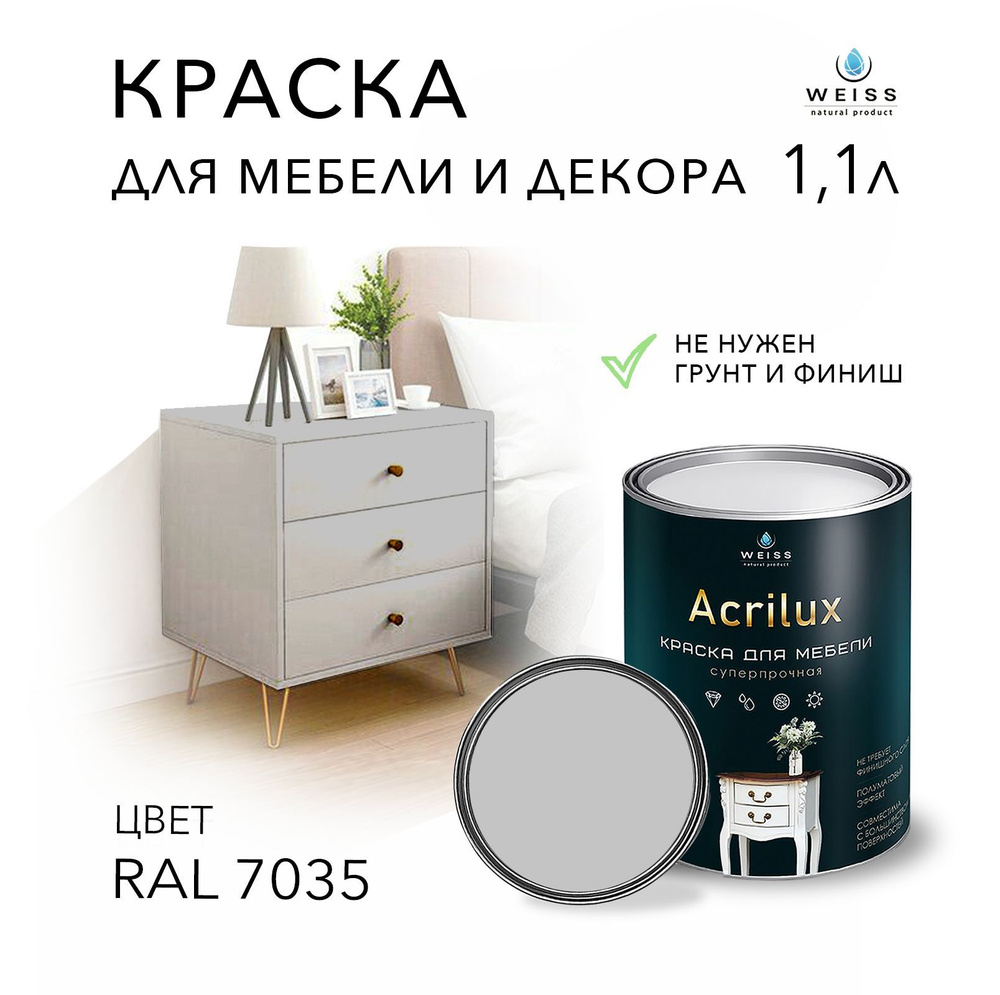 Краска Acrilux для мебели RAL 7035, для кухонных фасадов, для декора, для творчества, моющаяся, без запаха #1
