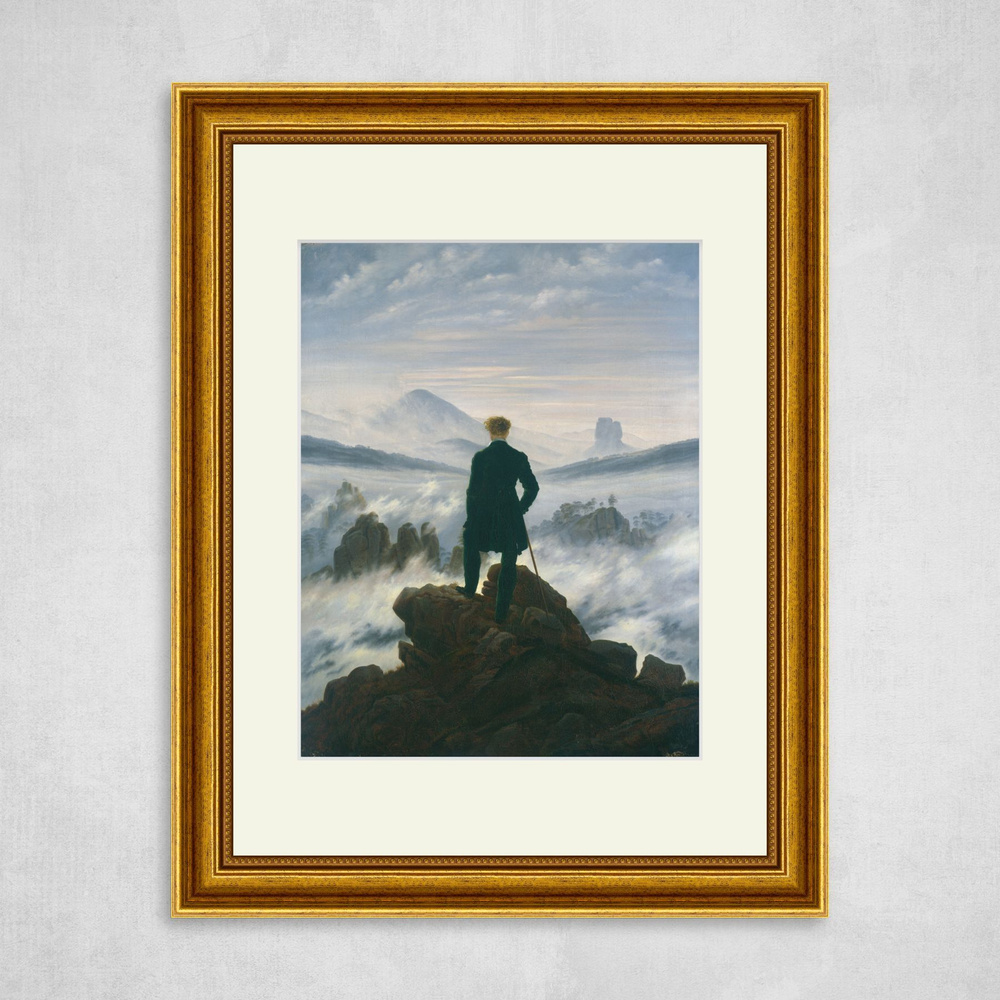 Картина в золотой раме с паспарту, Каспар Давид Фридрих "Странник над морем тумана", 40x30см / Галерейщикъ #1