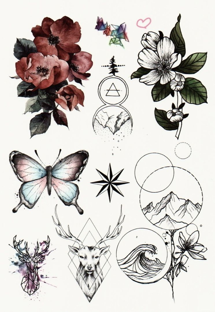 Переводные временные татуировки. Тату олень, цветы, символика.  #1