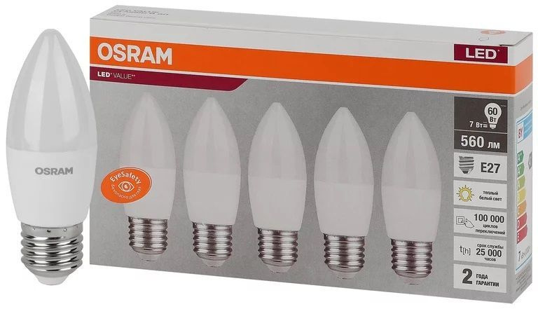 OSRAM Лампочка свеча, замена 60Вт, Теплый белый свет, E27, 7 Вт, 5 шт.  #1