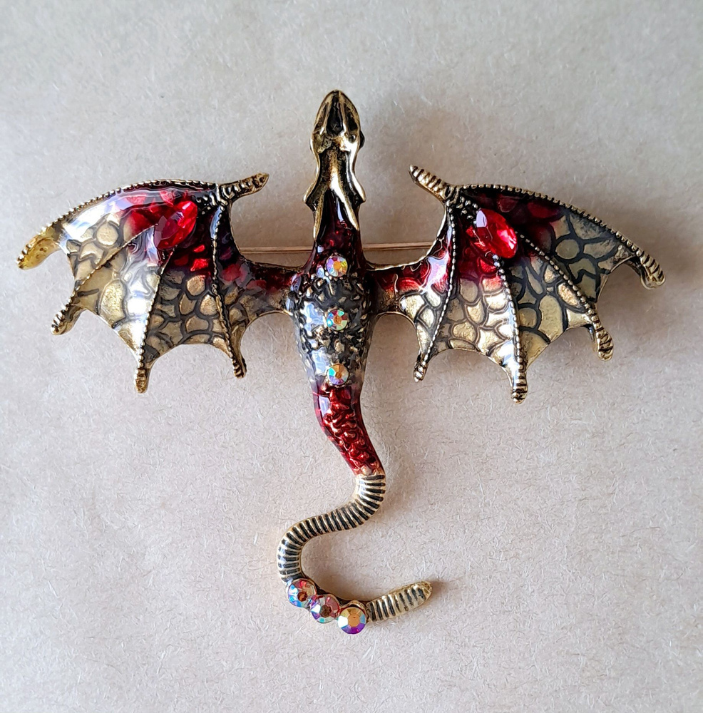 Стильная брошь/подвеска Бронзовый дракон красный с кристаллами большая 7х6 см бронза  #1