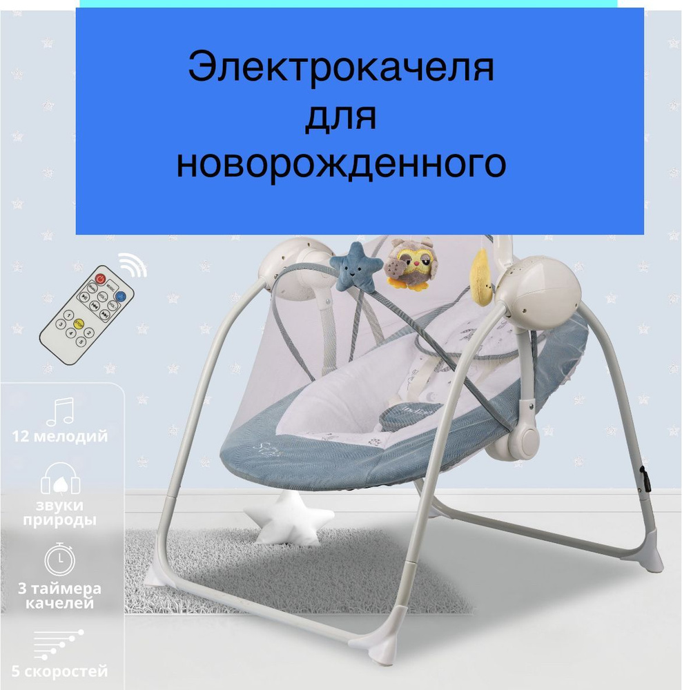 Электрокачели для новорожденных синий с пультом управления  #1