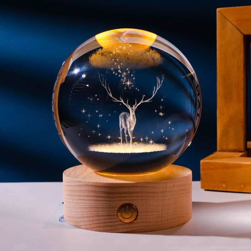 Светильник декоративный "Хрустальный шар" с подсветкой Олень в волшебном лесу, от USB, шар 6см  #1