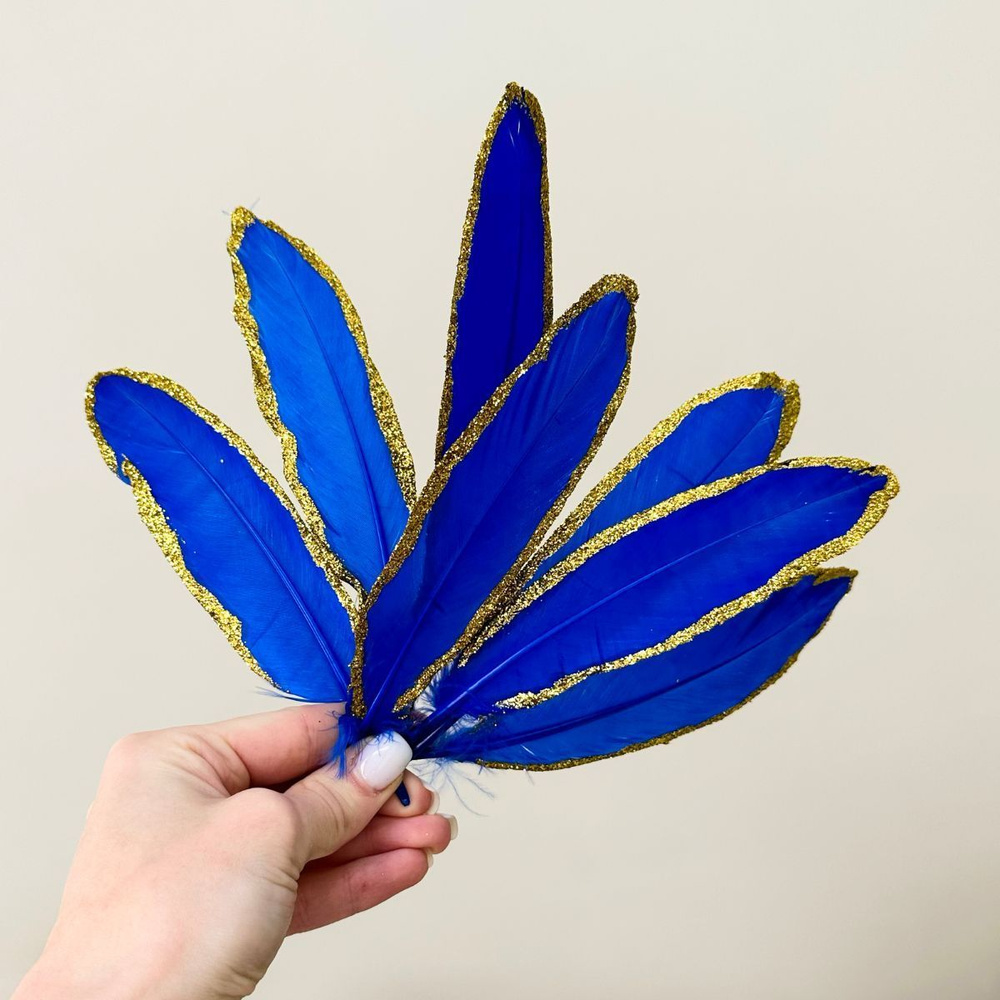 Перья синие с блестками натуральные 15-20 см, 5шт #1