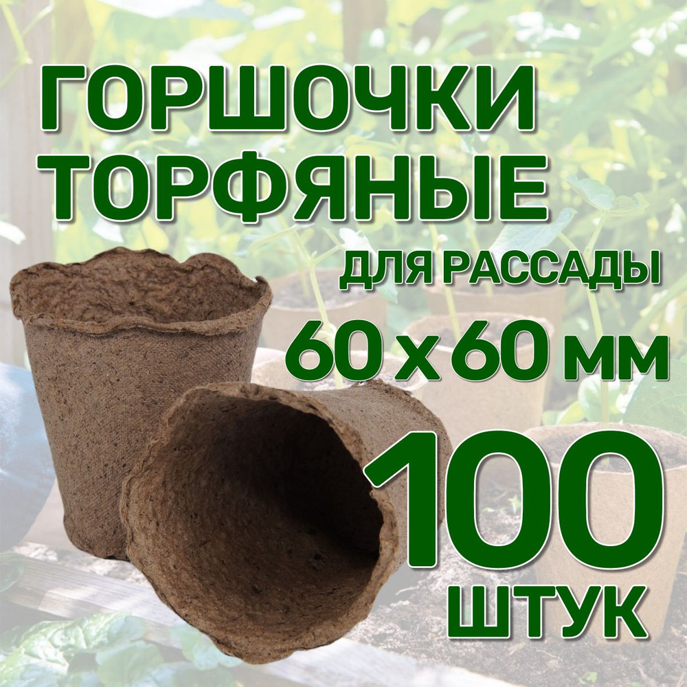 Набор горшков из натурального торфа 100 штук, 60х60 мм, объемом 100 мл для выращивания и пересадки рассады #1