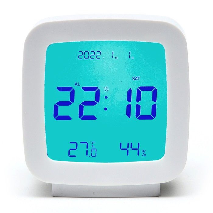Часы Будильник настольные электронные: будильник, термометр, календарь, гигрометр, 7.8х8.3 см, белые #1