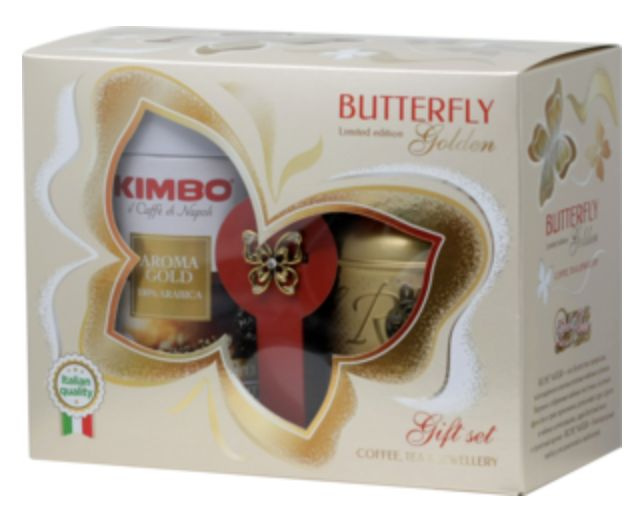 Kimbo. Новый год. Butterfly. Подарочный набор Кофе (Молотый) + Чай (Кенийский) + Брошь 350 гр. карт.упаковка #1