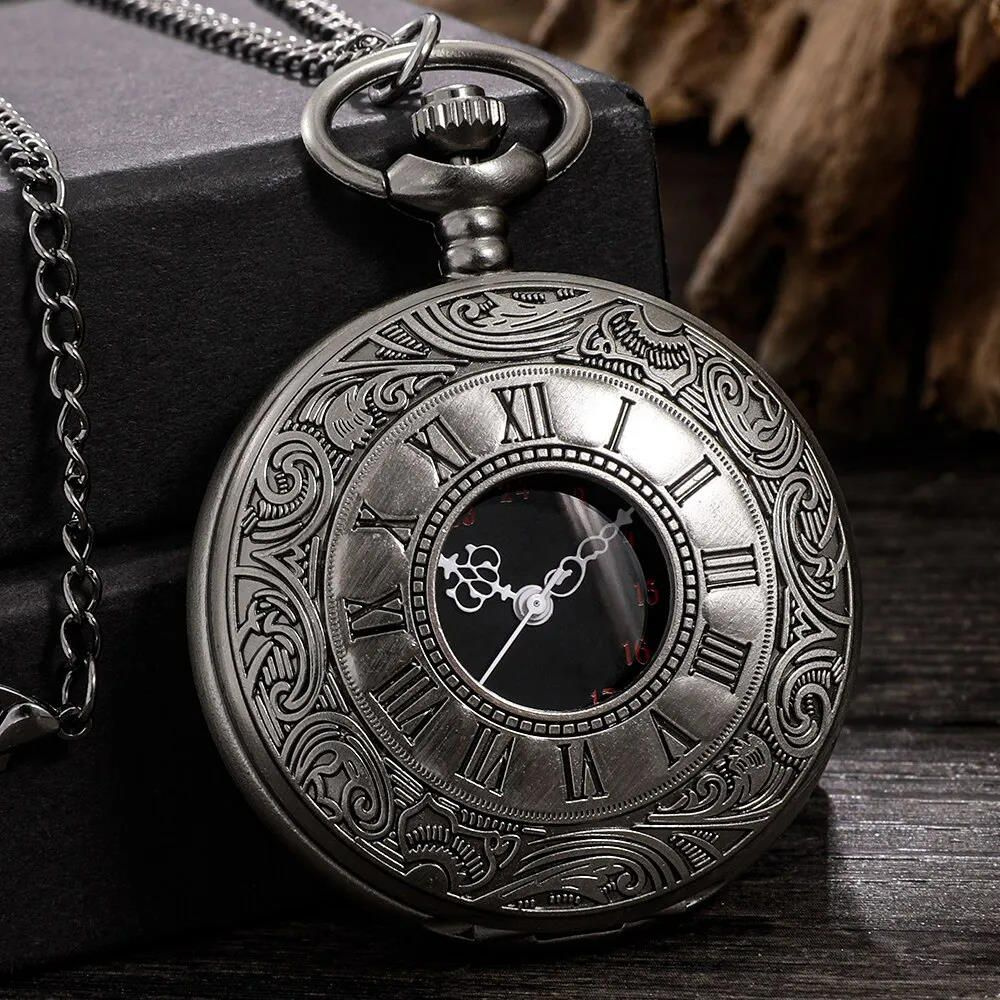 Карманные кварцевые часы Римские цифры, 45х45 мм, на цепочке 80 см, серые  #1
