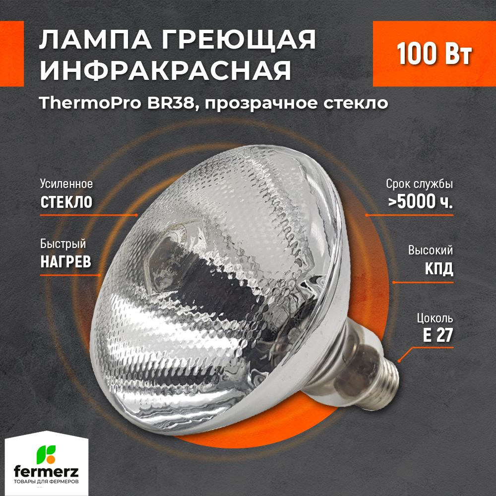 Лампа для обогрева ThermoPro BR38 100W Цоколь E27 прозрачное стекло. Для курятников, птичников, террариумов, #1