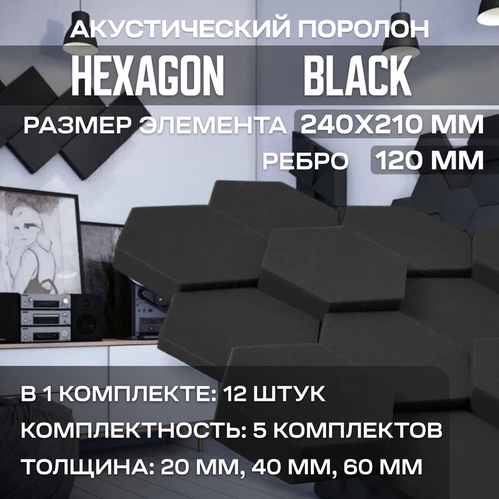 Акустический поролон Hexagon Black 60 штук, темный графит #1