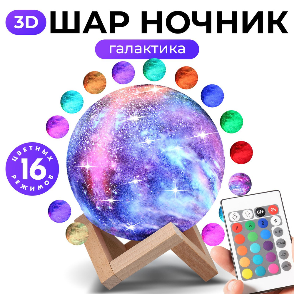 Светильник-ночник 3D шар Галактика Goodly Galactic Lamp, на деревянной подставке с пультом, встроенный #1