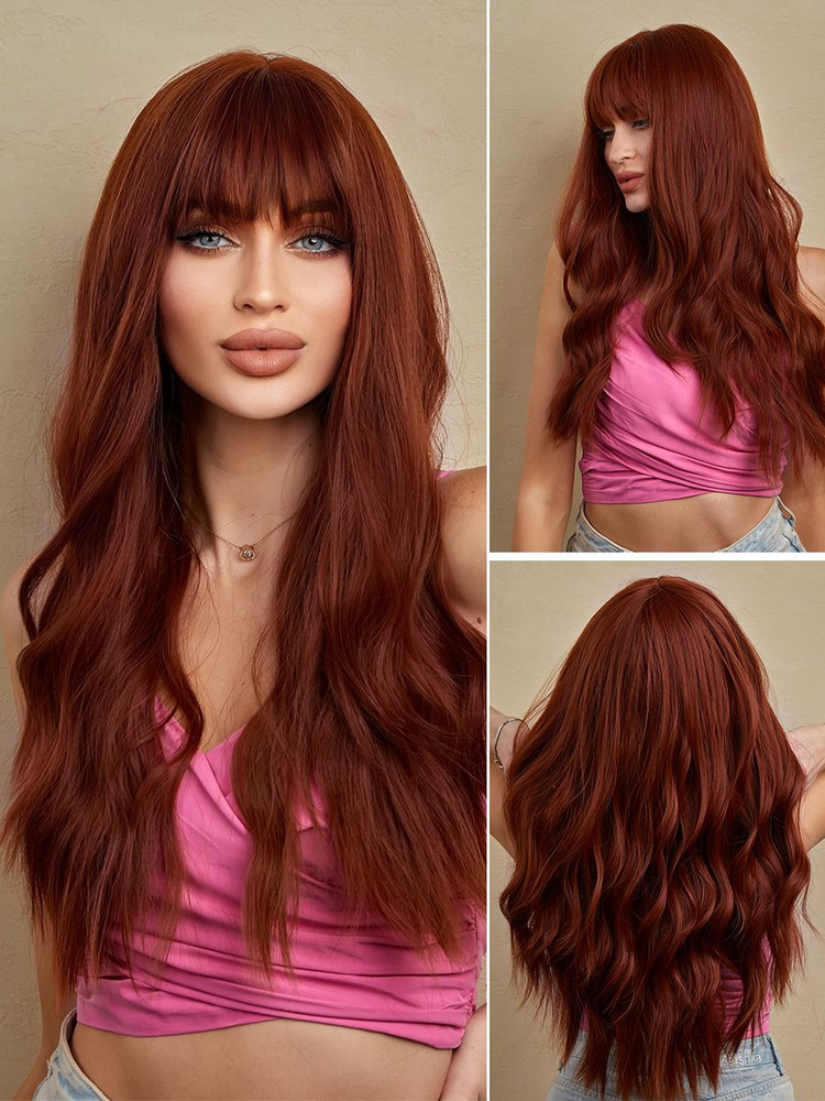 Парик женский длинный с челкой кирпично-красный, имитация натуральных волос  #1
