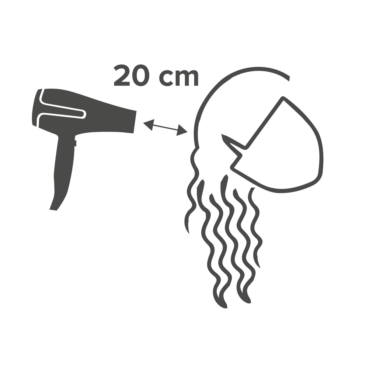 Высушите волосы феном, держа его на расстоянии около 20 см.