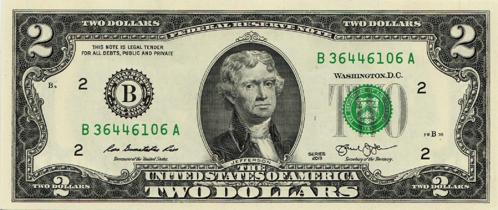 Банкнота 2 доллара США  2013 г. UNC подлинная для коллекции #1