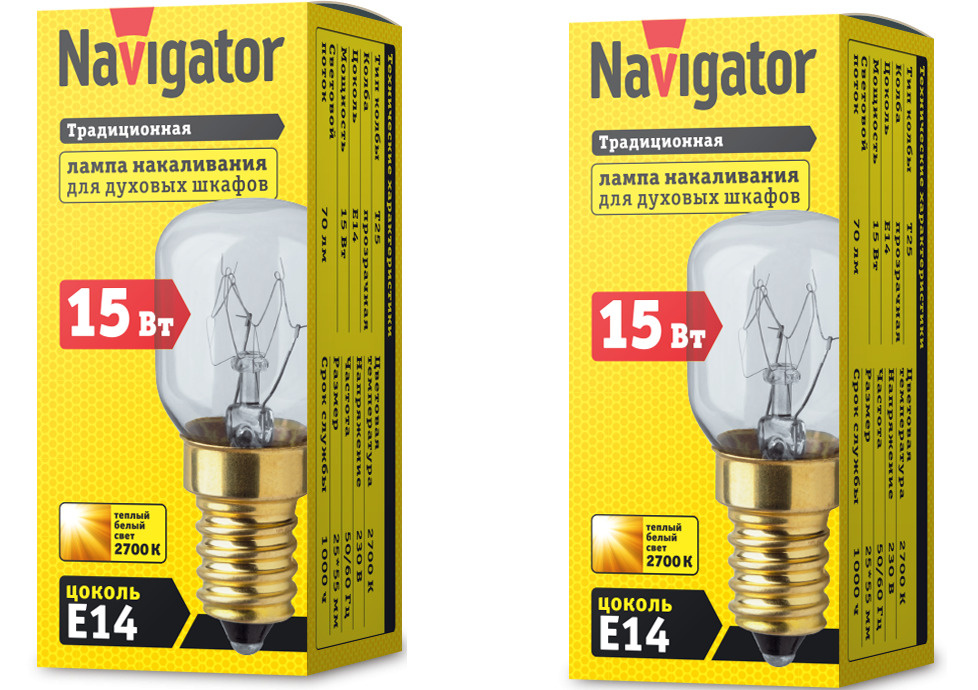 Navigator Лампа специальная для духовых шкафов Е14 15Вт, 2700К, Теплый белый свет, 15 Вт, 2 шт.  #1