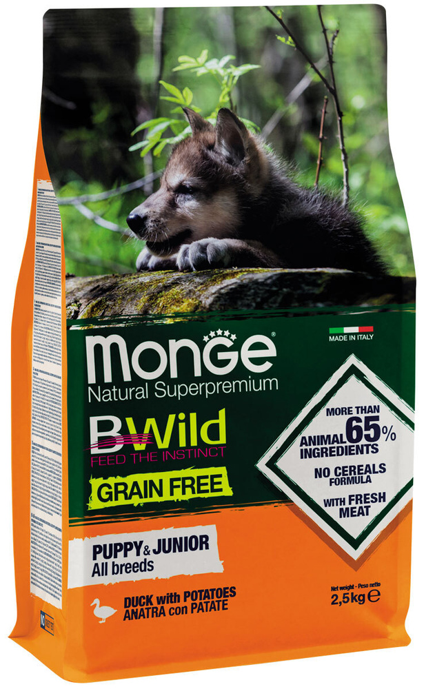 Сухой корм MONGE BWILD GRAIN FREE PUPPY DUCK беззерновой для щенков всех пород с уткой и картофелем (2,5 #1