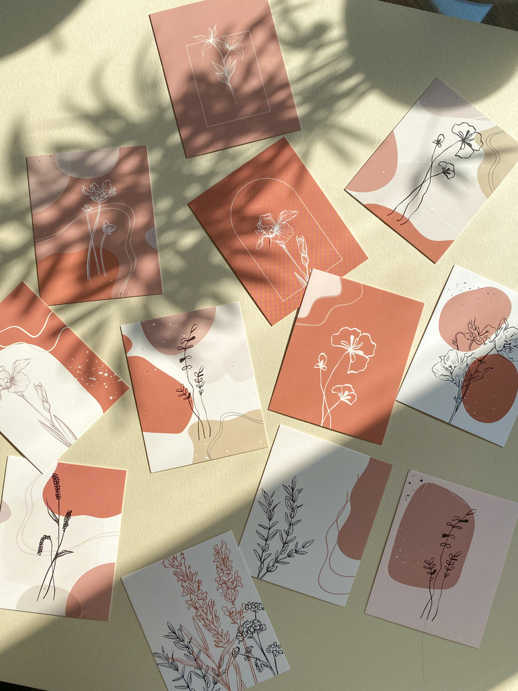 Открытки, набор открыток "Ботаника Арт" беж в мини-формате (12 шт.) на день рождения, на любой праздник, #1