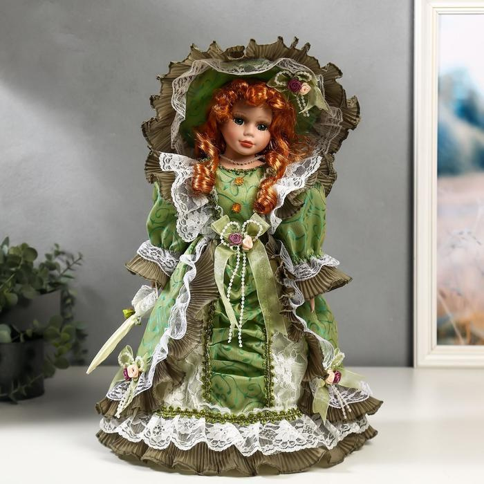 Кукла коллекционная керамика "Леди Джулия в оливковом платье с кружевом" 40 см  #1