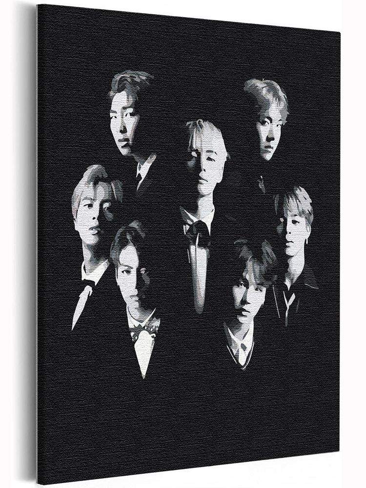BTS черно-белый арт Корейская K-POP группа Раскраска картина по номерам на холсте 40х50  #1