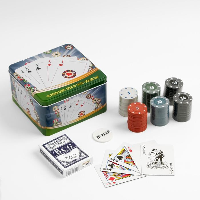 Покер, набор для игры (карты 54 шт, фишки 120 шт.), с номиналом, 15 х 15 см  #1